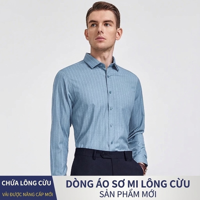 Áo Sơ Mi Nam Dài Tay Chứa Lông Cừu Co Giãn Chống Nhăn Sọc Kẻ Màu Xanh Lam