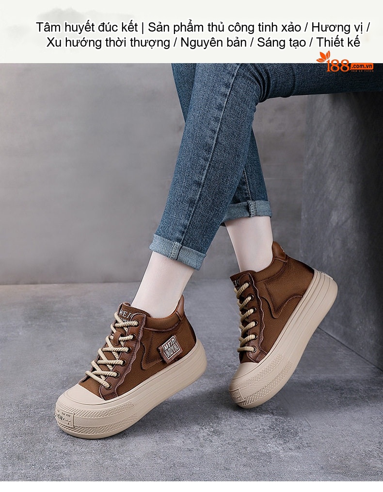 Giày Cao Cổ Nữ Da Bò Đế Bánh Mì Chiều Cao Đế Khoảng 4cm Màu Vàng, Nâu, Đỏ chi tiết 1