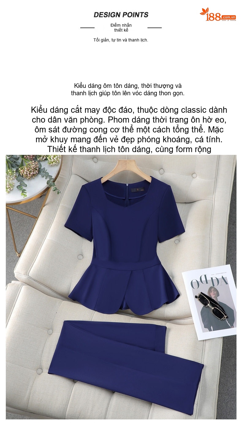 Bộ Vest Công Sở Nữ Tay Ngắn Quần/Chân Váy Áo Peplum Màu Đen, Xanh Navy chi tiết 8