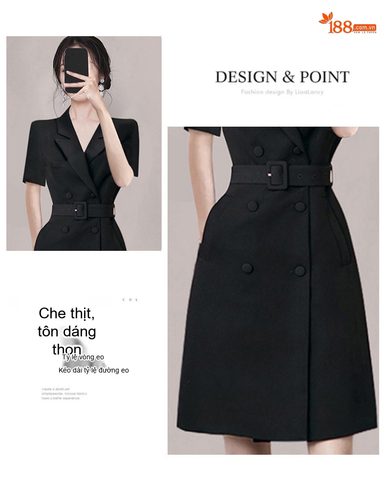 Váy Vest Công Sở Nữ Tay Ngắn Dáng Ôm Hai Hàng Khuy Màu Đen chi tiết 3