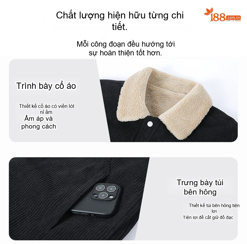 Áo Khoác Nam Cổ Bẻ Vải CORDUROY Dáng Bomber Màu Đen, Kem, Xanh Olive chi tiết 20