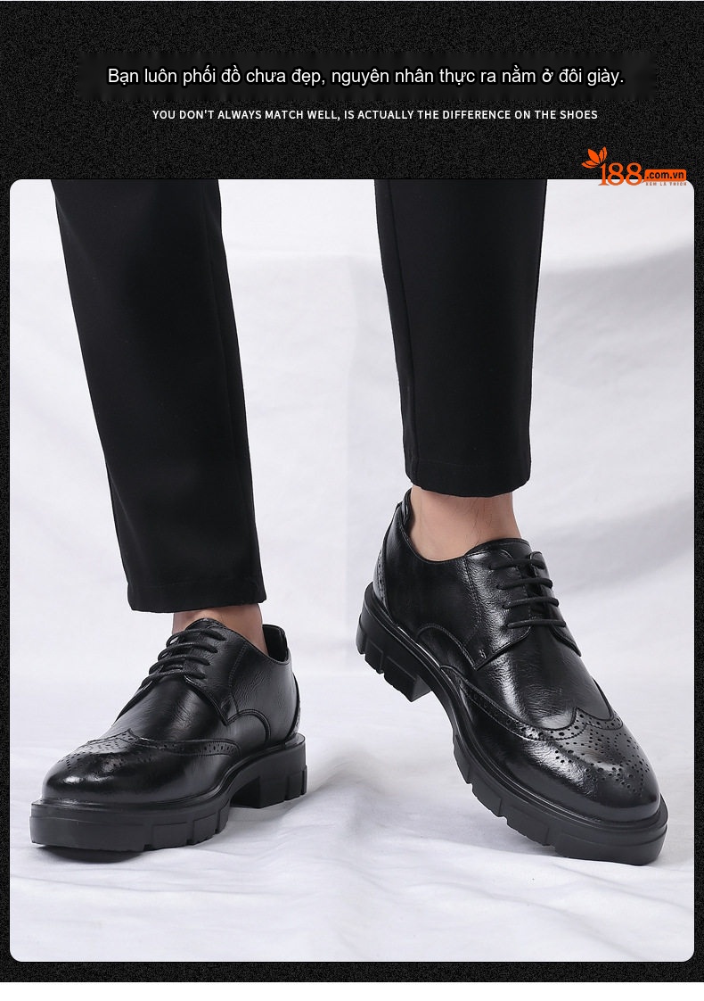 Giày Tây Brogue Tăng Chiều Cao Nam Da Bò Chiều Cao Đế 8cm Màu Đen chi tiết 3