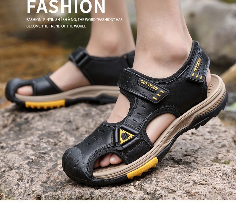 Dép Sandal Nam Da Thật Quai Dán Đế Cao Su Chống Trượt Bít Mũi Đi Biển, Đi Phượt (đế cao 3 cm) chi tiết 17