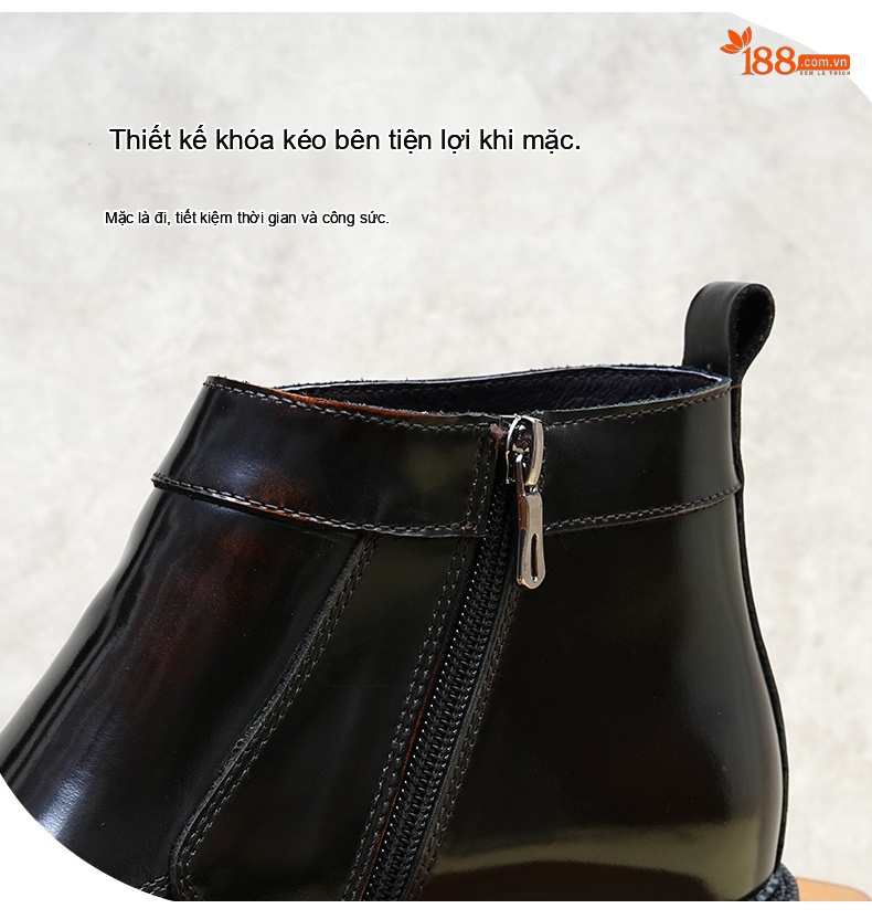 Boot Nam Cổ Cao Da Bóng Khóa Kéo Phong Cách Anh Quốc Chiều Cao Đế Khoảng 4cm Màu Đen chi tiết 4