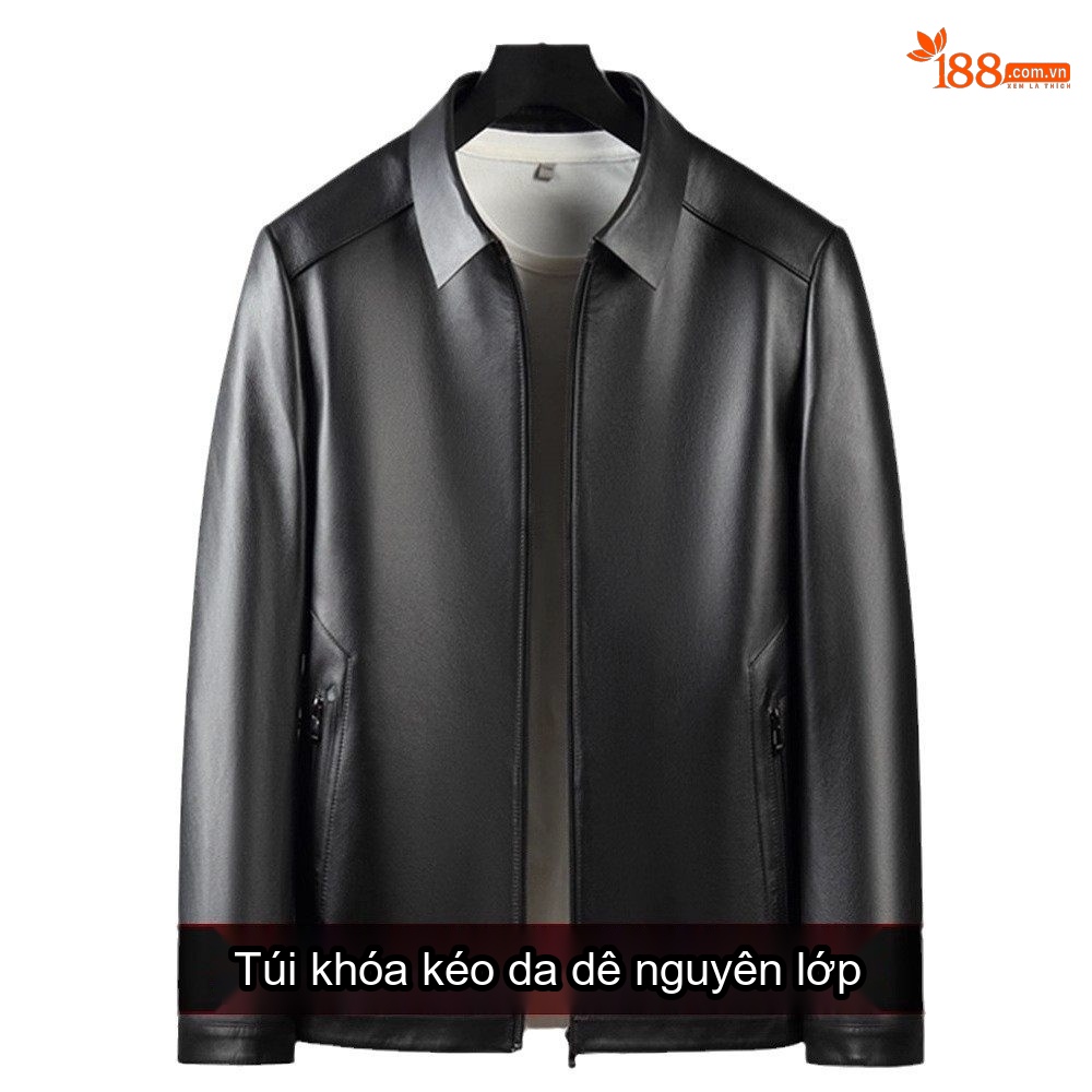 Áo Khoác Da Nam Da Cừu Trung Niên Cao Cấp Có Túi Khóa Kéo Màu Đen