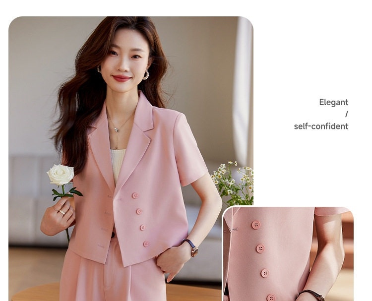 Bộ Vest Nữ Quần Ống Rộng Áo Blazer Ngắn Tay Lửng Phong Cách Công Sở Màu Hồng, Trắng, Đen chi tiết 17