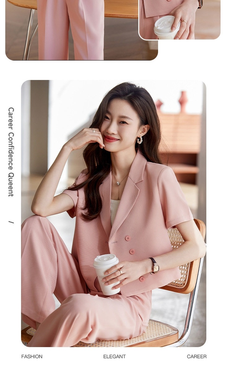 Bộ Vest Nữ Quần Ống Rộng Áo Blazer Ngắn Tay Lửng Phong Cách Công Sở Màu Hồng, Trắng, Đen chi tiết 18