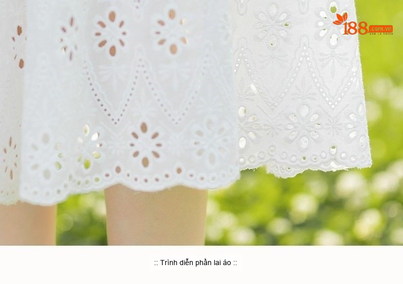 Váy liền thân Nữ Cổ Tròn Tay Ngắn Dáng Dài Chiết Eo Họa Tiết Lỗ Phong Cách Pháp Màu Trắng chi tiết 9