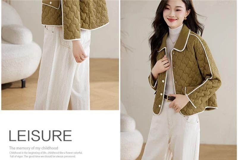 Áo Khoác Bông Trám Viền Nữ Dáng Ngắn Nhẹ Cổ Bẻ Màu Xanh Olive, Trắng, Đen chi tiết 26