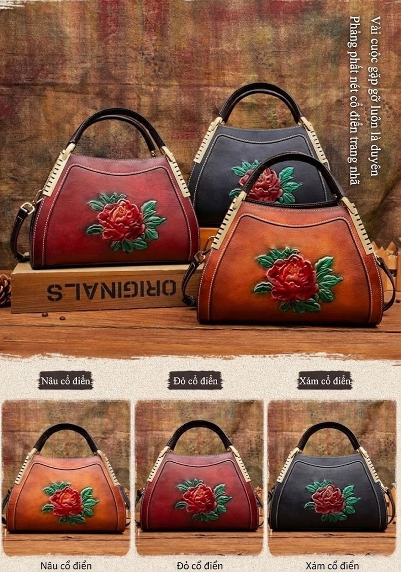 Túi Xách Nữ Da Bò Dáng Tròn Vintage Đeo Vai, Xách Tay Màu Nâu Đỏ, Đen chi tiết 1