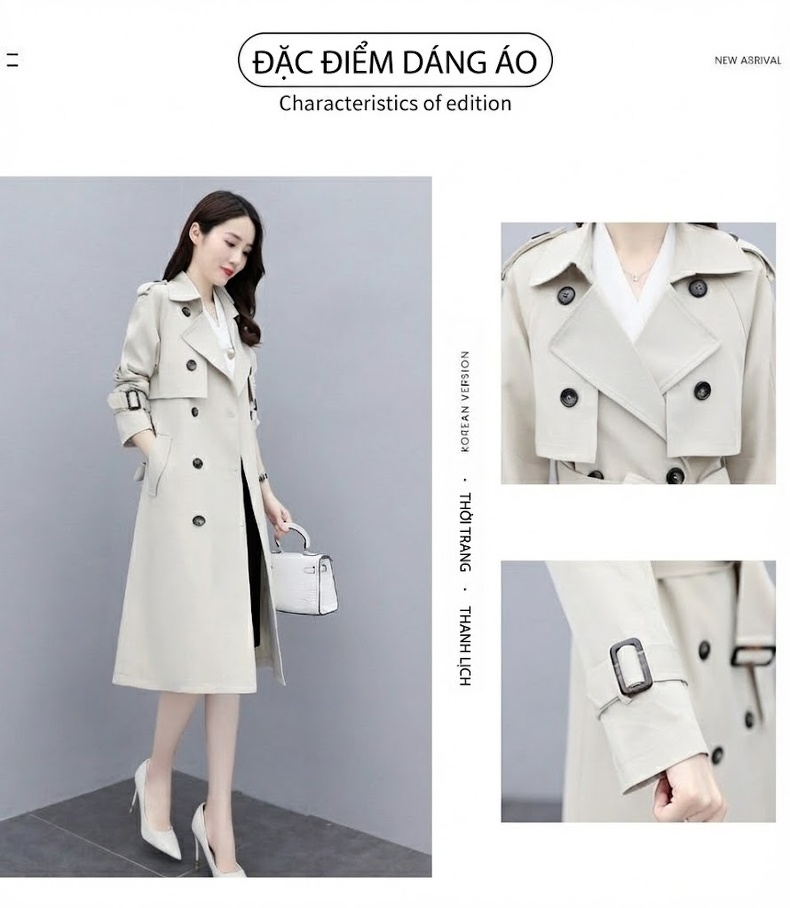 Áo Khoác Trench Coat Nữ Dáng Dài Vừa Phong Cách Anh Quốc Thanh Lịch Màu Be, Đen chi tiết 3
