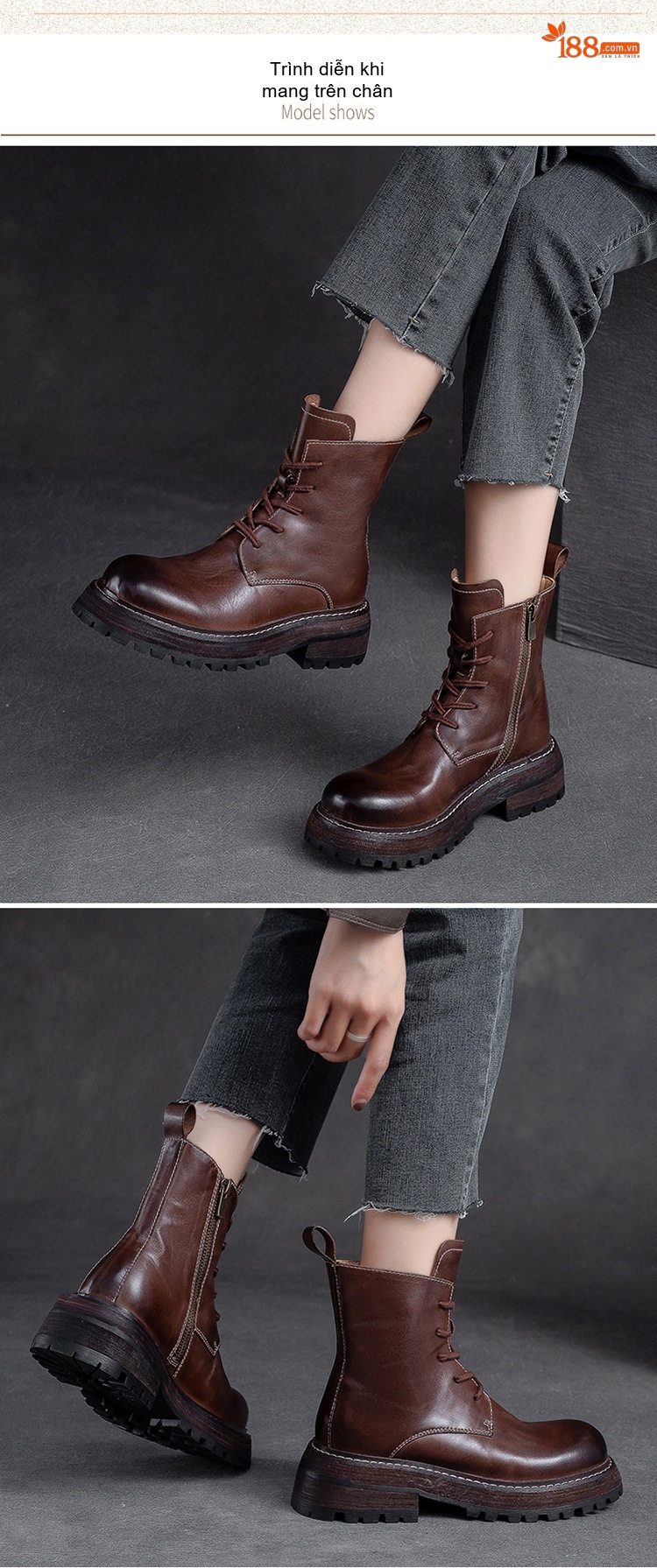 Boot Nữ Cổ Ngắn Da Bò Phong Cách Anh Quốc Chiều Cao Đế Khoảng 5cm Màu Đen, Nâu chi tiết 6