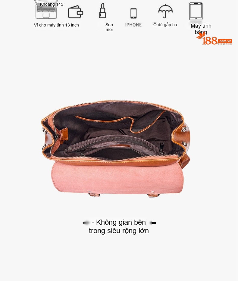 Balo Da Bò Nữ Đựng Laptop 14 Inch Phong Cách Vintage Anh Quốc Màu Nâu chi tiết 10