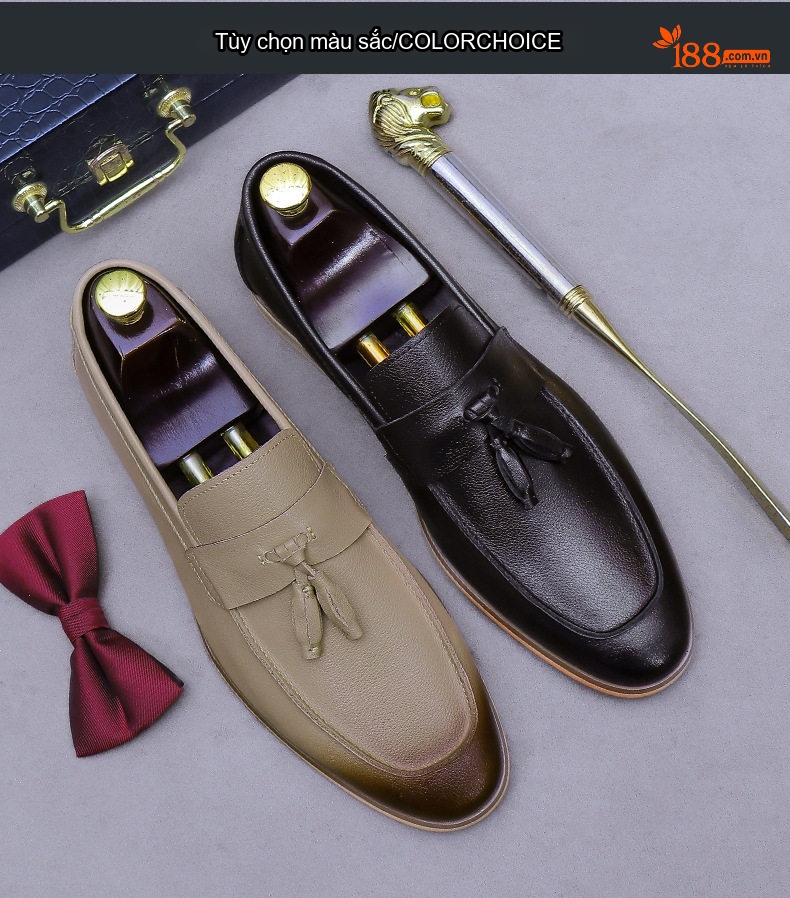 Giày Lười Nam Da Bò Retro Tua Rua Chiều Cao Đế Khoảng 3cm Màu Đen, Nâu chi tiết 2