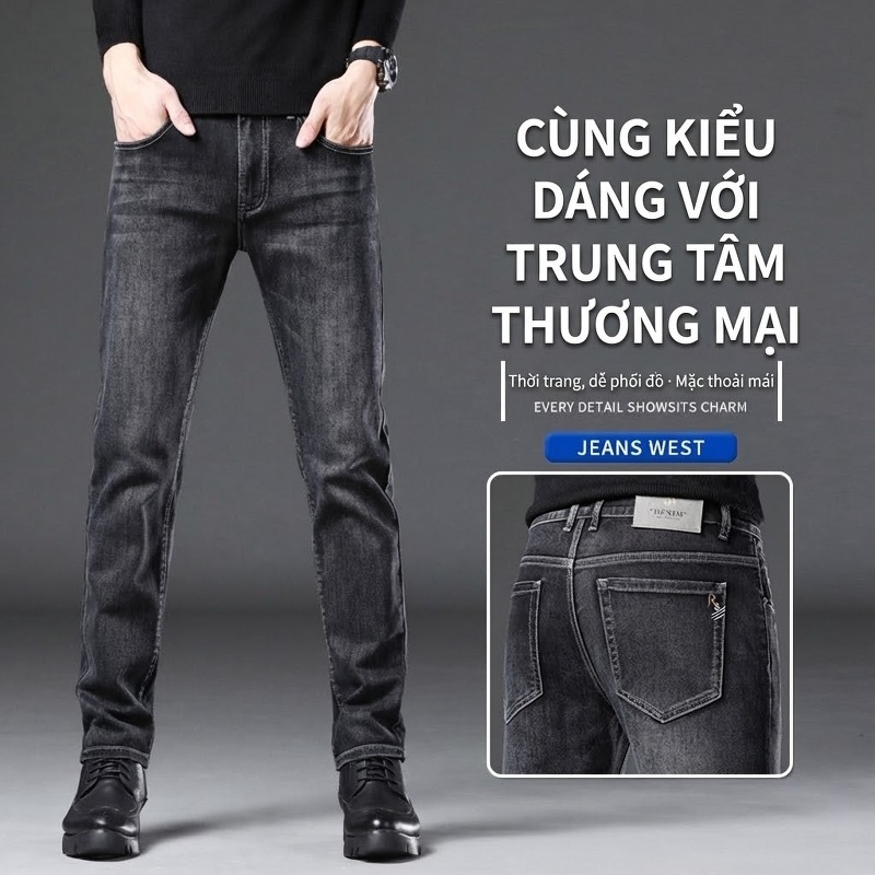 Quần Jean Nam Ống Đứng Co Giãn Nhẹ Kiểu Dáng Ôm Vừa Vặn Màu Đen, Xanh Đen chi tiết 3