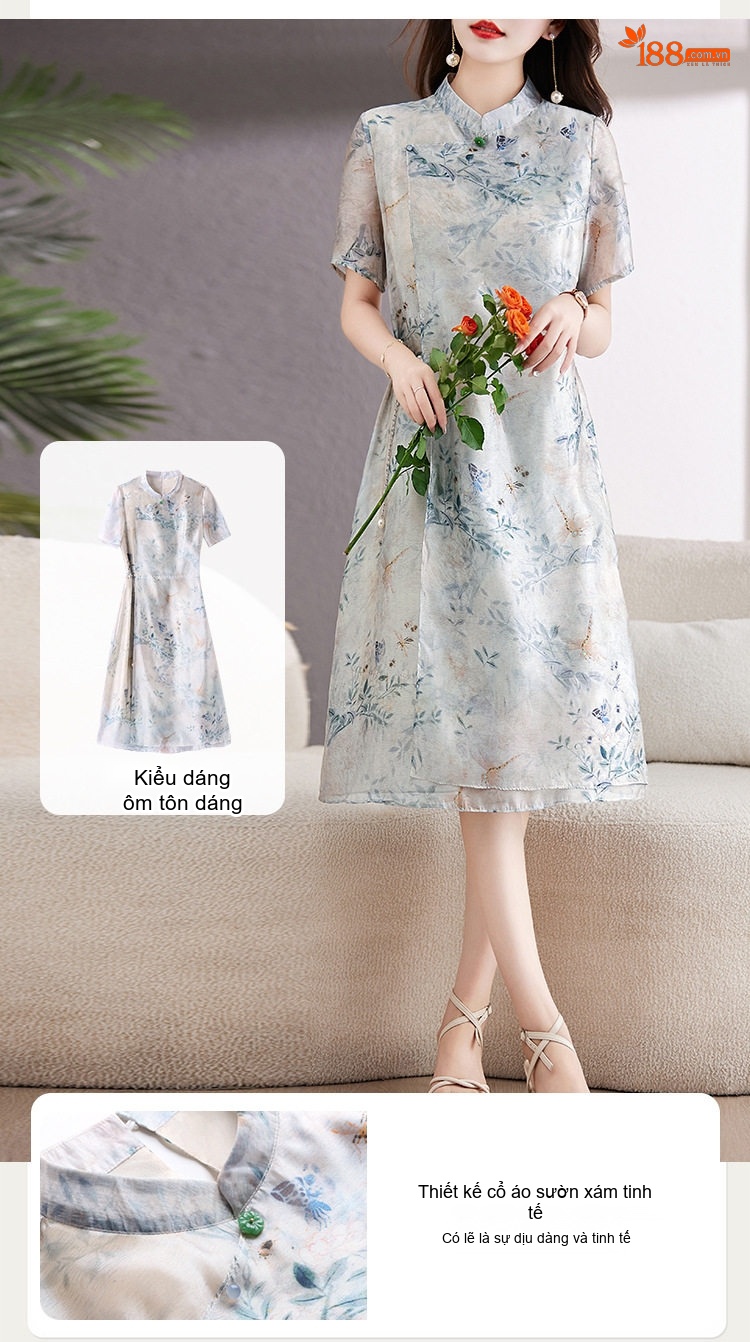 Váy liền thân Nữ Cổ Tàu Tay Ngắn Họa Tiết Hoa Lá Dáng Ôm chi tiết 4