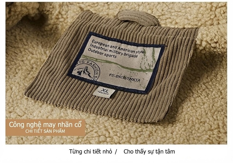 Áo Khoác Bông Nam Dáng Rộng Cổ Bẻ Lót Lông Cừu Non Vải Cotton Gân Màu Đen, Xanh Rêu, Nâu chi tiết 32