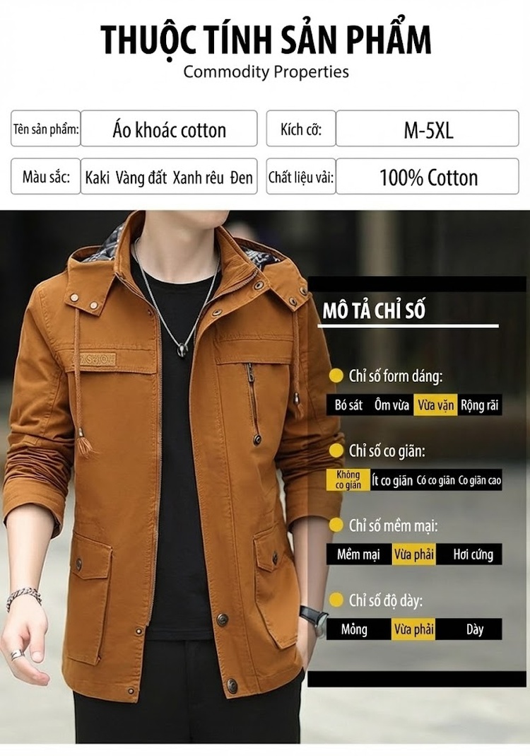 Áo Khoác Gió Nam Cotton Dáng Dài Vừa Có Mũ Nhiều Túi Màu Be, Nâu, Đen, Xanh Rêu chi tiết 7