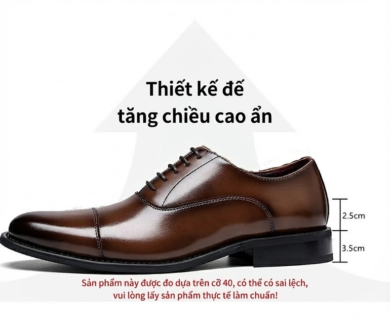 Giày Tây Buộc Dây Nam Da Thật Tăng Chiều Cao 6cm Màu Đen chi tiết 1