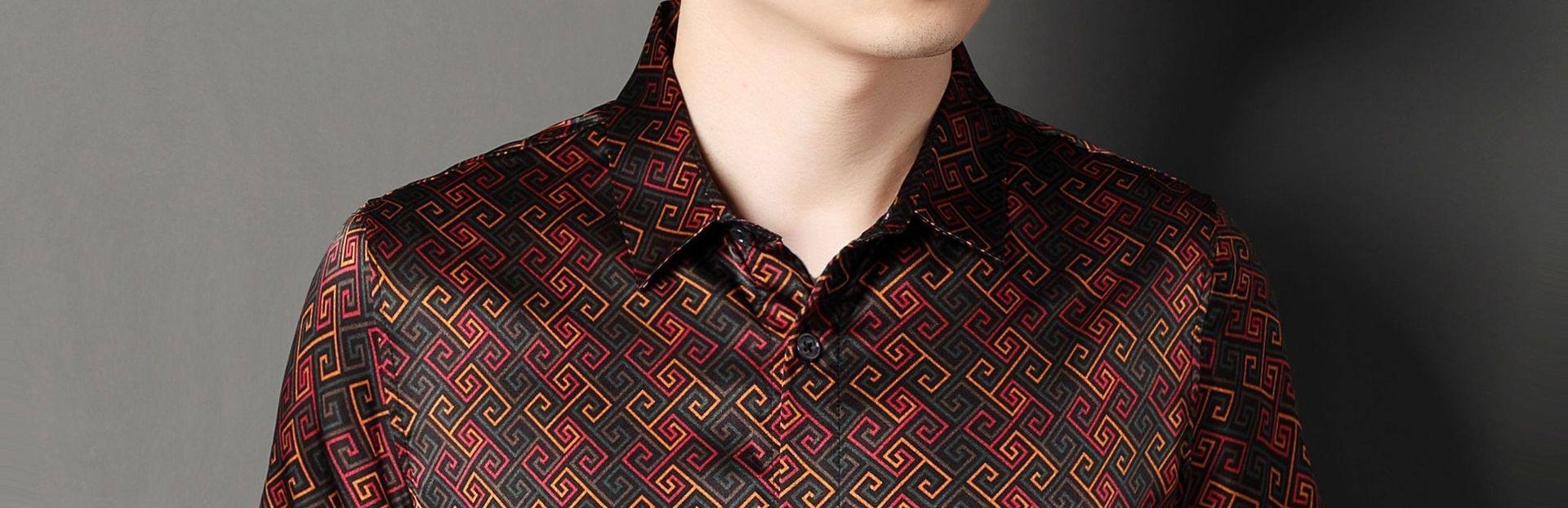 Áo Sơ Mi Nam Tay Ngắn Lụa Tằm Cao Cấp Họa Tiết In Nổi Chống Nhăn Màu Đỏ Đen