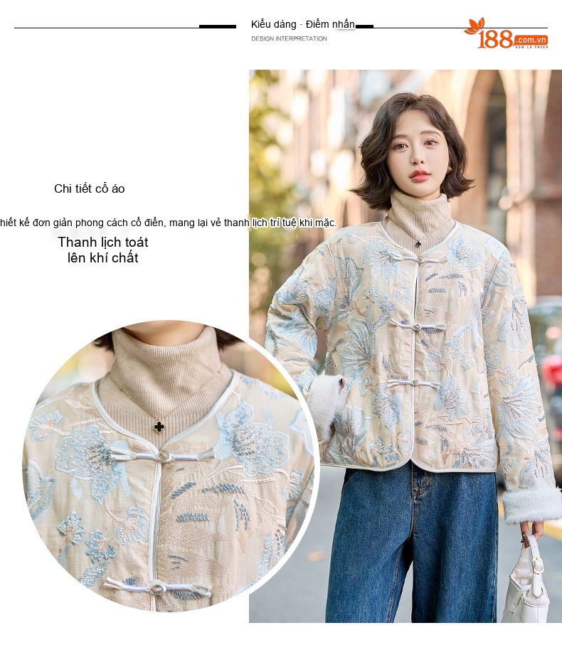 Áo Khoác Phao Nữ Ngắn Tay Bồng Phong Cách Cổ Điển Nhẹ Nhàng Màu Kem, Xanh chi tiết 9