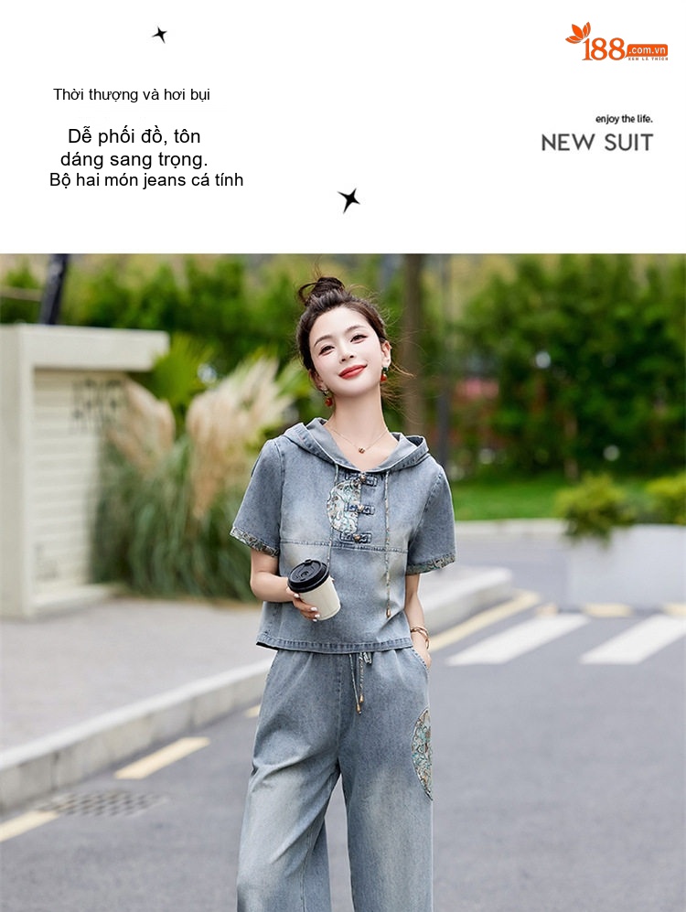 Bộ Quần Áo Nữ Thiết Kế Thêu Hoa Cao Cấp, Áo Hoodie Quần Ống Rộng Phong Cách Trung Hoa Màu Xanh Denim chi tiết 3