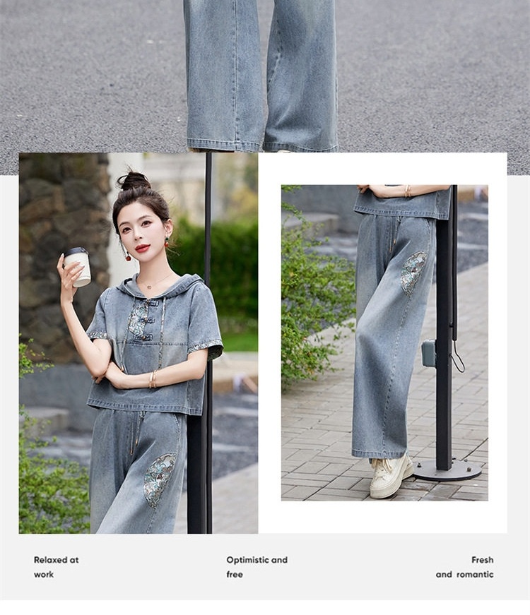 Bộ Quần Áo Nữ Thiết Kế Thêu Hoa Cao Cấp, Áo Hoodie Quần Ống Rộng Phong Cách Trung Hoa Màu Xanh Denim chi tiết 4