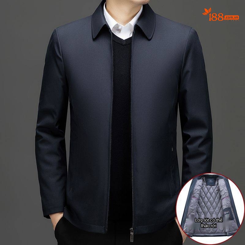 Áo Khoác Bông Nam Trung Niên Thu Đông Lót Tháo Rời Dáng Bomber Màu Xanh Navy, Be