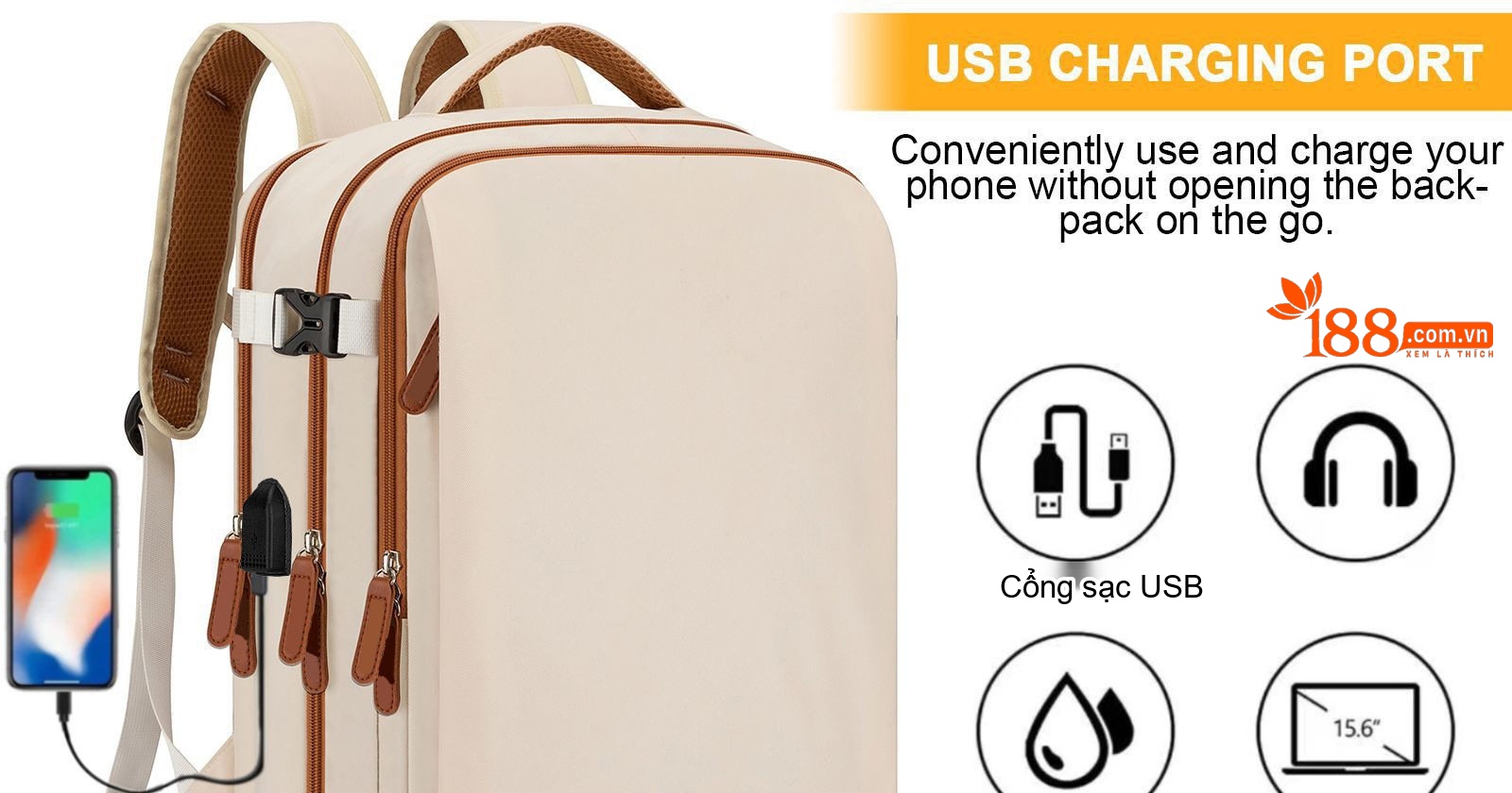 Balo Laptop Du Lịch Vải Bố Đa Năng Sức Chứa Lớn Màu Kem, Nâu chi tiết 9