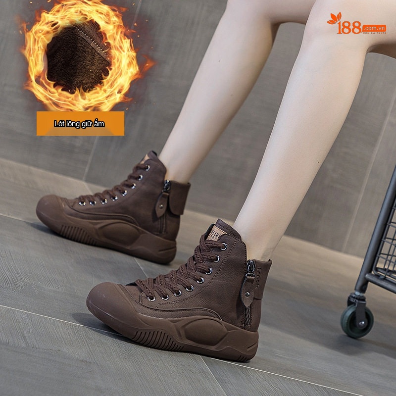 Giày Boot Nữ Cổ Cao Dây Buộc Phong Cách Retro Chiều Cao Đế Khoảng 4cm Màu Vàng, Xanh Lá, Nâu, Đen...