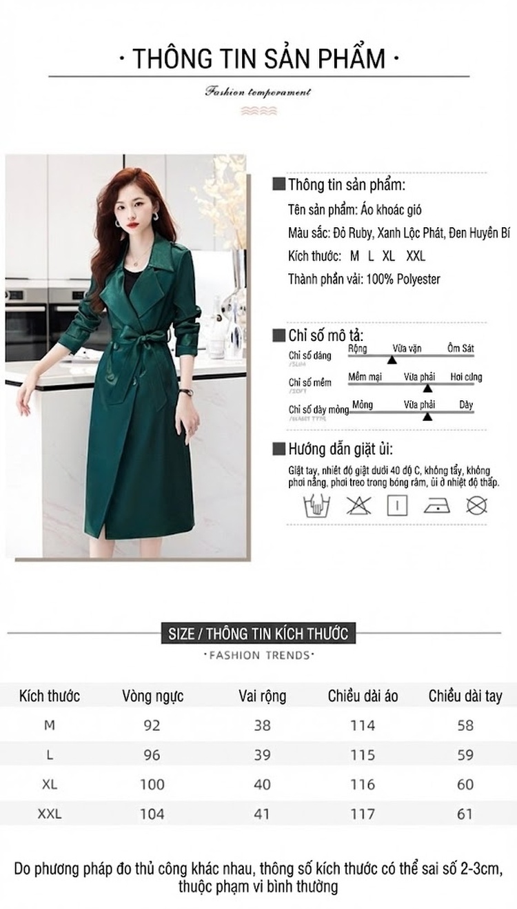 Áo Khoác Gió Nữ Dáng Dài Vừa Phong Cách Thanh Lịch Màu Đỏ, Đen, Xanh Lá chi tiết 9