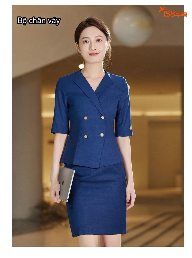 Bộ Quần Áo Công Sở Nữ Tay Ngắn Cổ chữ Vest Phong Cách Lao Feng Xiang Màu Xanh Navy chi tiết 12