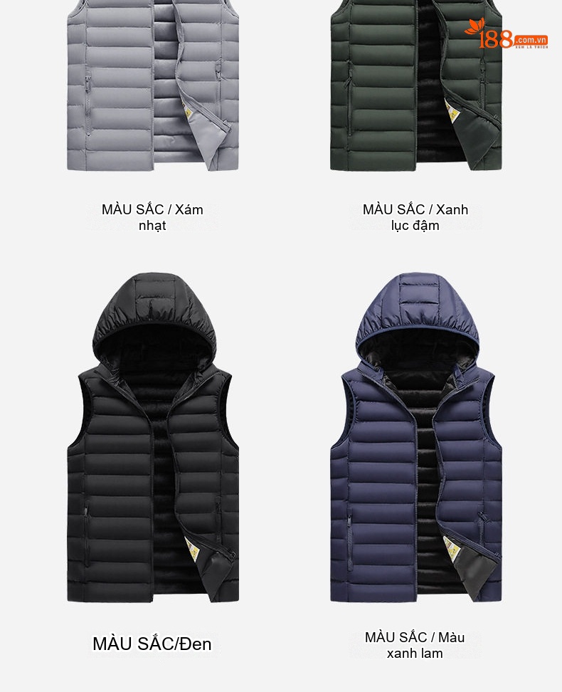 Áo Gile Bông Nam Có Mũ Trùm Đầu Tháo Rời 100% Polyester Màu Đen, Xám, Xanh Lam, Xanh Đậm... chi tiết 13