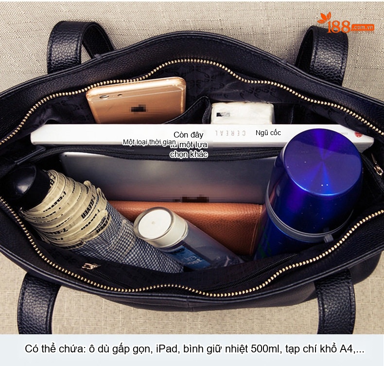 Túi Tote Nữ Da Thật Sức Chứa Lớn Thời Trang Đeo Vai Xách Tay Màu Đen chi tiết 14