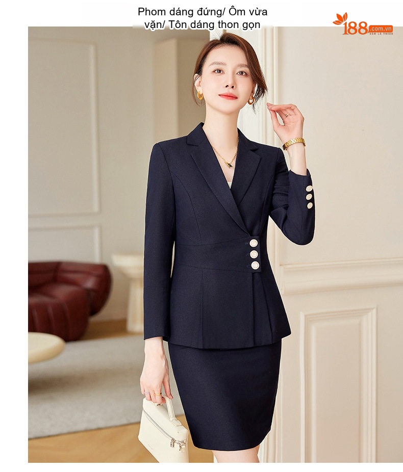 Bộ Vest Nữ Thiết Kế Thời Trang Thu Đông Dáng Ôm Công Sở Cao Cấp Màu Đen chi tiết 11