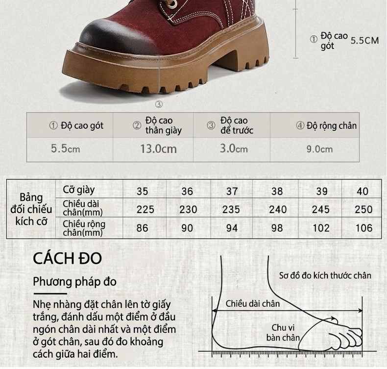 Boot Martin Nữ Da Bò Cổ Cao Đế Dày Phong Cách Retro Chiều Cao Đế Khoảng 5cm Màu Nâu, Đen, Đỏ... chi tiết 4