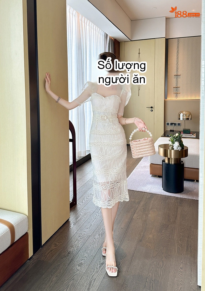 Váy Ôm Body Tay Bồng Cổ chữ Vuông Ren Dáng Dài Nữ Tính Màu Trắng chi tiết 22