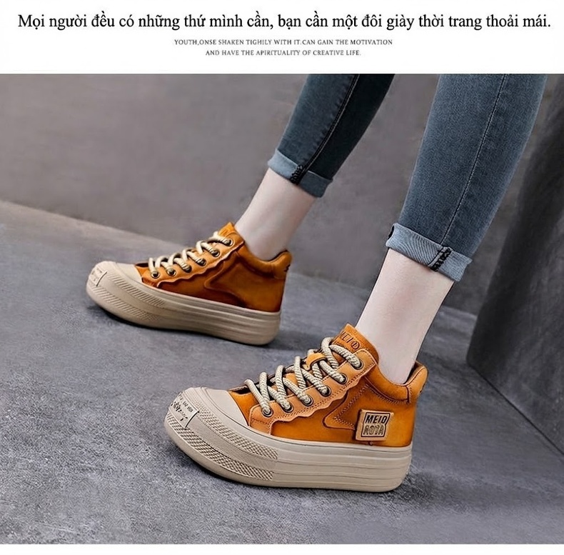 Giày Cao Cổ Nữ Da Bò Đế Bánh Mì Chiều Cao Đế Khoảng 4cm Màu Vàng, Nâu, Đỏ chi tiết 13