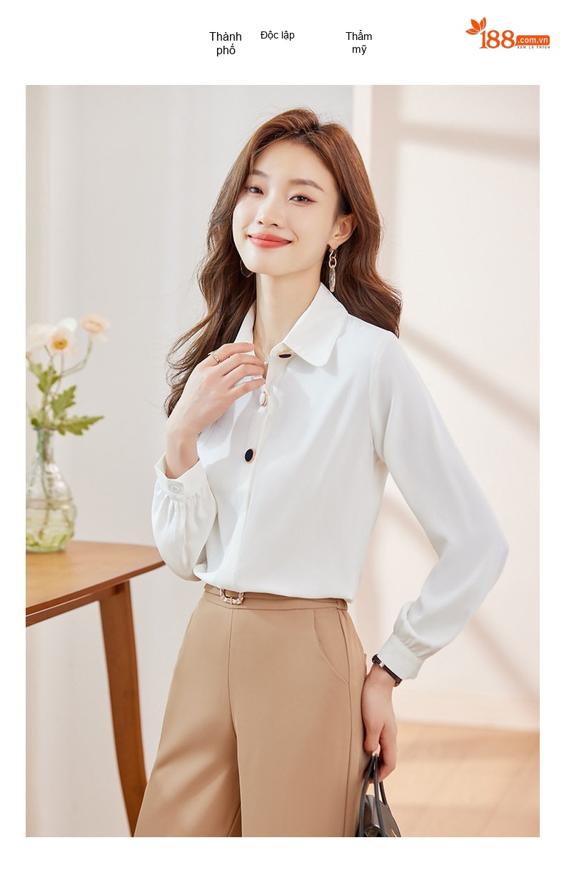 Áo Sơ Mi Nữ Tay Dài Cổ chữ V Trắng Thiết Kế Thanh Lịch chi tiết 12