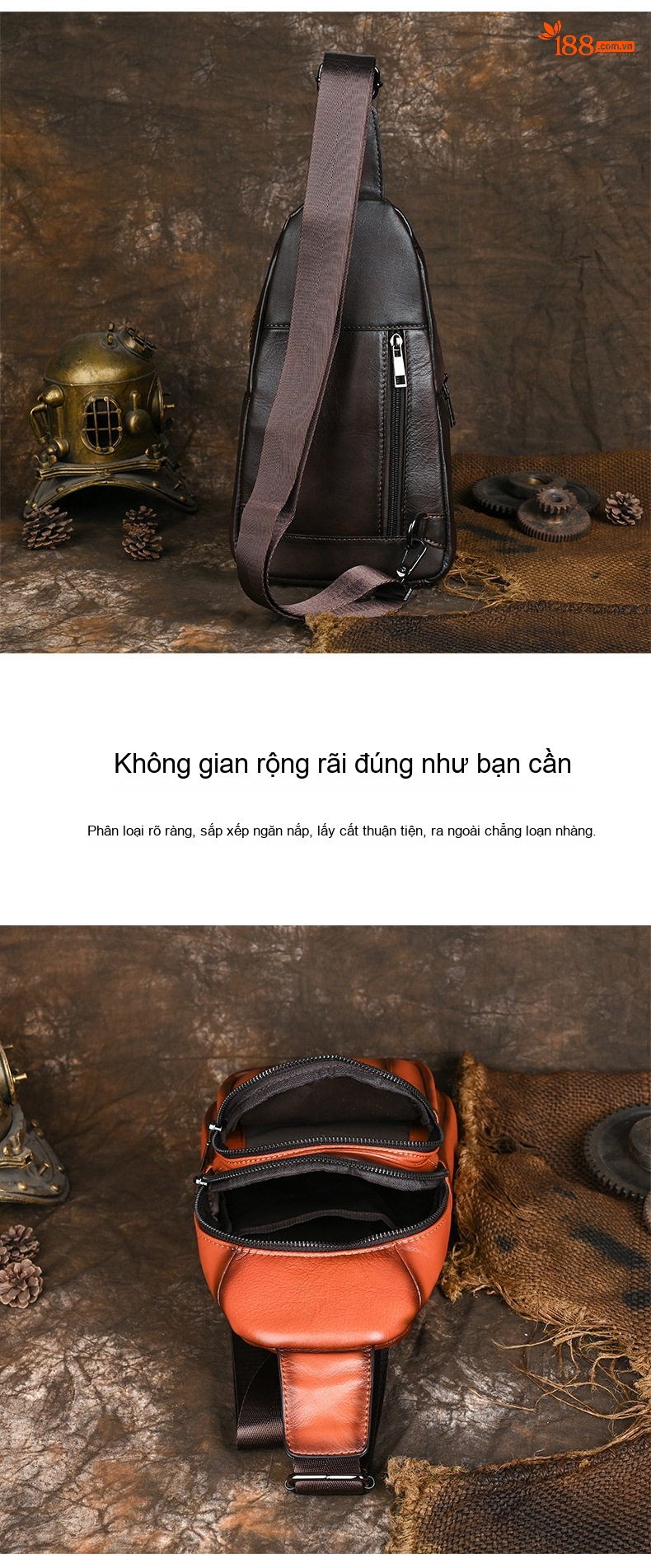 Túi đeo ngực nam da thật retro phong cách thể thao, đeo chéo vai, da bò cao cấp chi tiết 8