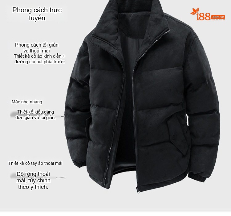 Áo Khoác Bông Nam Nữ Cổ Trụ Dáng Rộng Dày Dặn Phong Cách Couple Màu Đen, Trắng, Xám chi tiết 8