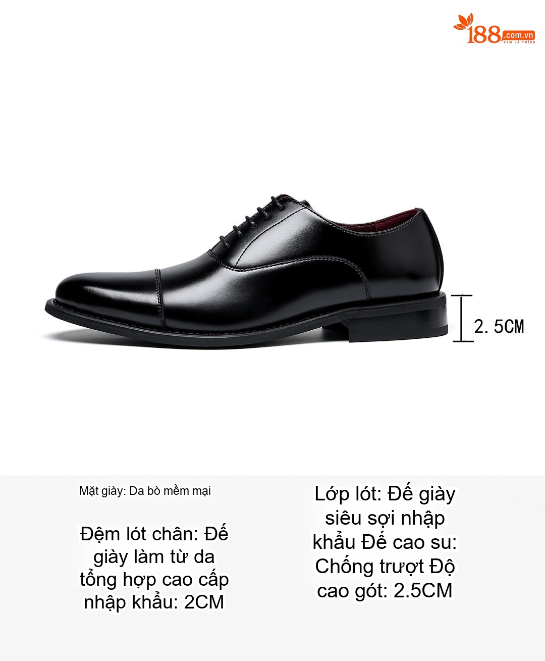 Giày Tây Buộc Dây Nam Da Thật Tăng Chiều Cao 6cm Màu Đen chi tiết 12