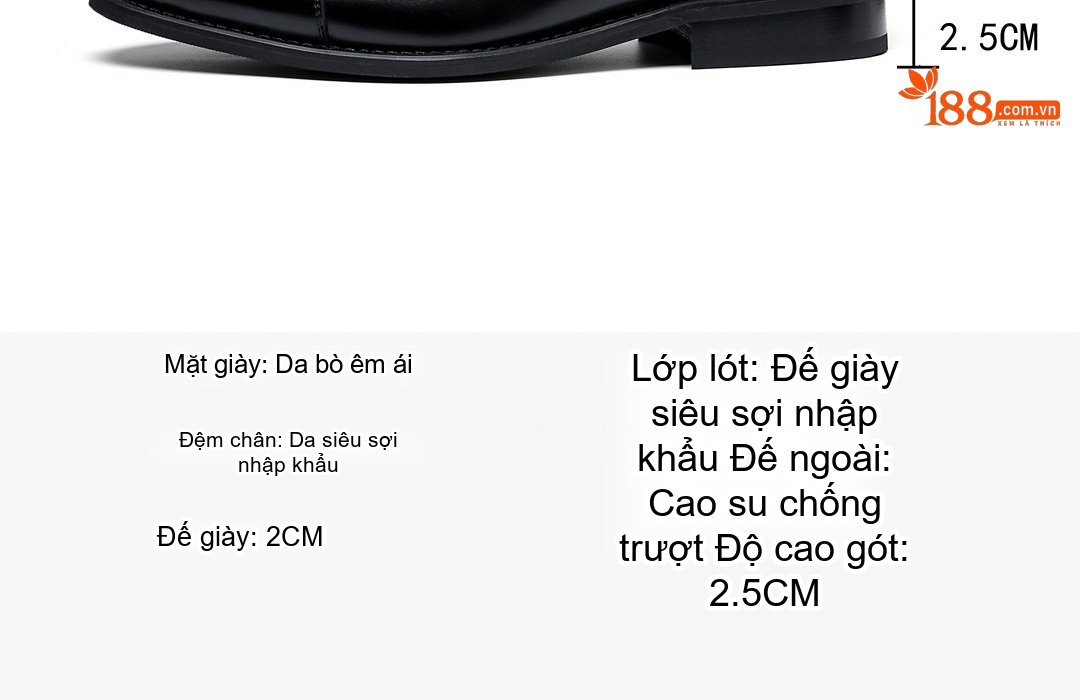 Giày Tây Buộc Dây Nam Da Bóng Chiều Cao Đế Khoảng 3cm Màu Nâu chi tiết 7