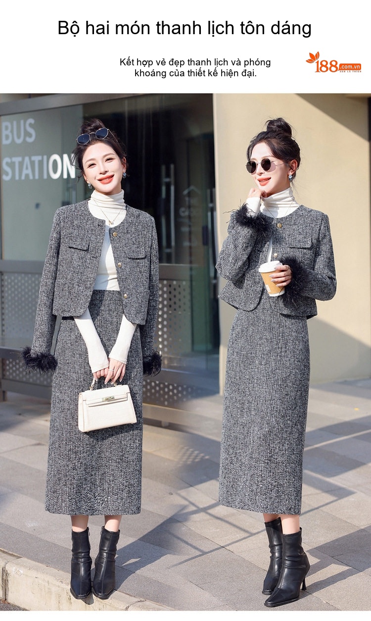 Set Áo Khoác Lửng Tay Lông và Chân Váy Tiểu Thư Dáng Ôm Chất Vải Tweed Màu Xám chi tiết 7