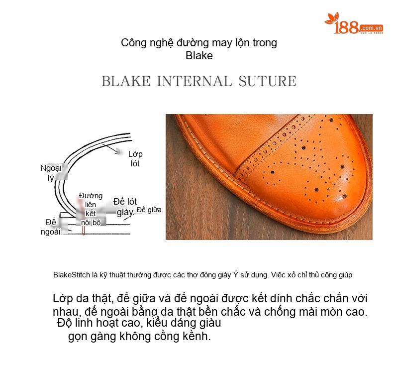 Giày Tây Buộc Dây Nam Da Thật Thủ Công Goodyear Chiều Cao Đế Khoảng 3cm Màu Nâu chi tiết 4