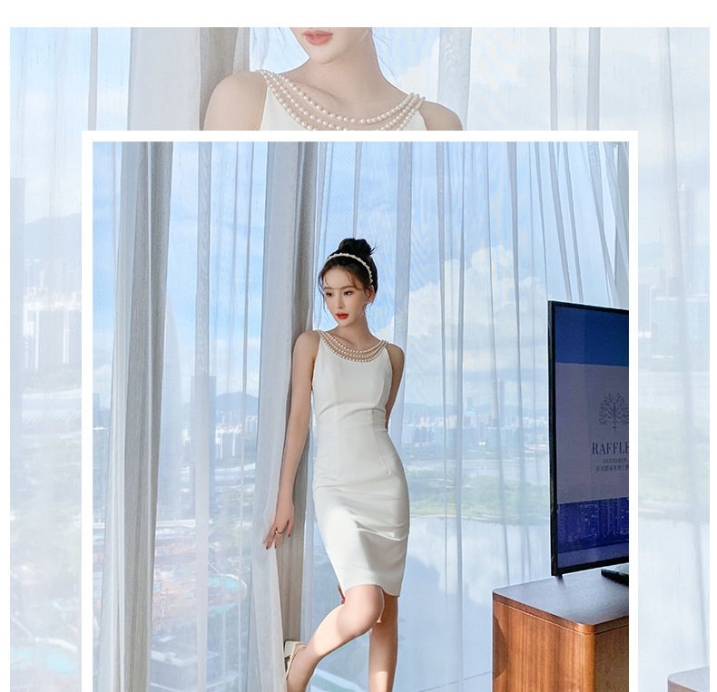 Váy Đầm Dự Tiệc Nữ Phong Cách Pháp Cổ Điển Đính Hạt Không Tay Màu Trắng, Đen chi tiết 1