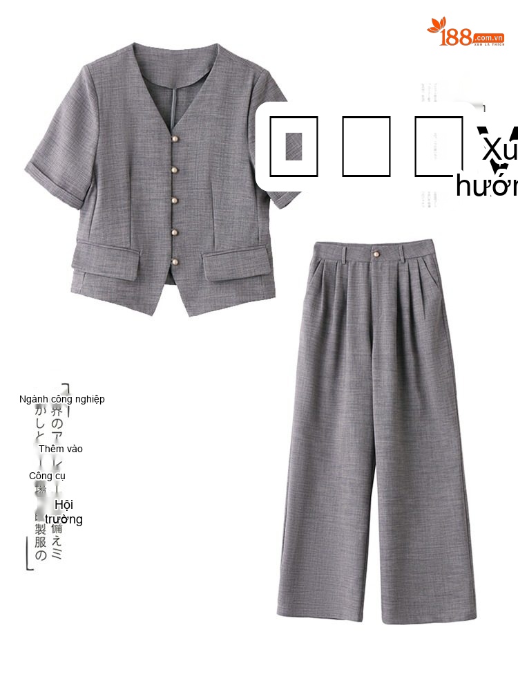 Bộ Quần Áo Nữ Cotton Linen Thiết Kế Áo Vest Tay Ngắn Quần Ống Rộng Phong Cách Thanh Lịch Màu Be, Xám chi tiết 3
