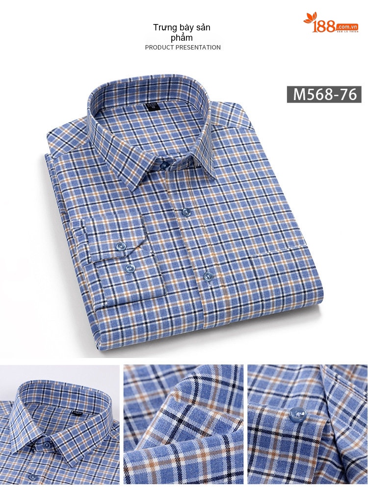 Áo Sơ Mi Tay Dài Nam Cotton Mài Lông Kẻ Caro, Kẻ Sọc Công Sở Màu Xanh, Xám, Nâu, Đỏ... chi tiết 13