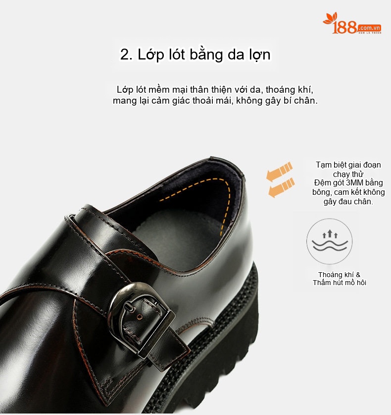 Giày Tây Monk Strap Nam Da Bóng Chiều Cao Đế Khoảng 4cm Màu Đen, Nâu chi tiết 9