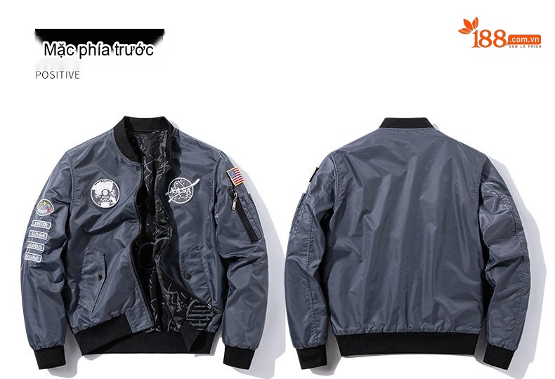 Áo Khoác Bomber Nam Nữ Dáng Rộng Hai Mặt Mặc Thu Đông Phong Cách Phi Công NASA Màu Xám, Xanh Navy, Xanh Lá, Đen... chi tiết 8